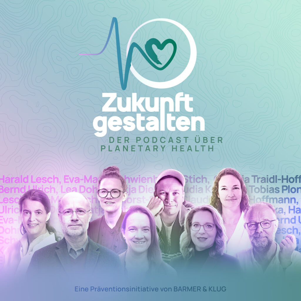 Titelbild des Podcasts "Zukunft gestalten" mit Fotos von den Gästen und ihren Namen im Hintergrund.