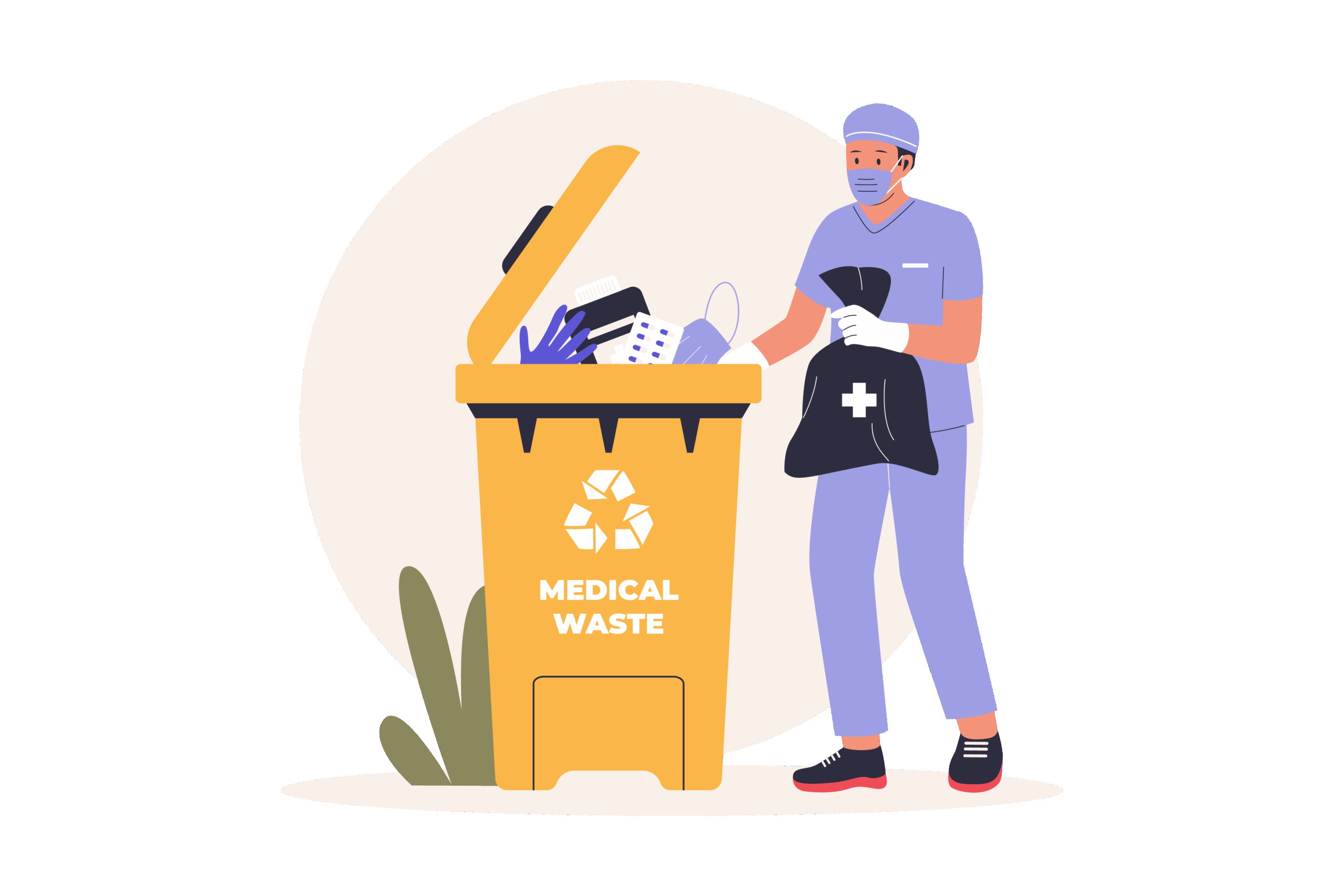 Illustration zum Thema medizinische Abfälle. Pflegefachkraft in blauem Kasack recycelt medizinischen Abfall in einer gelben Mülltonne.